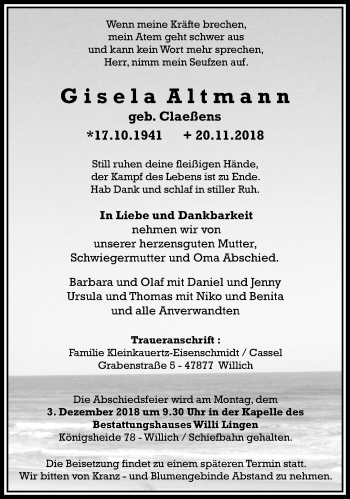 Traueranzeige von Gisela Altmann von trauer.extra-tipp-moenchengladbach.de