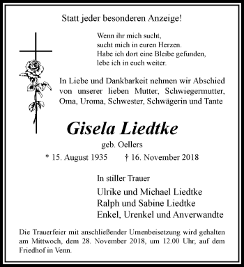 Traueranzeige von Gisela Liedtke von trauer.extra-tipp-moenchengladbach.de