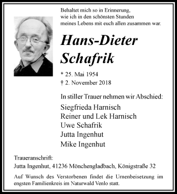 Traueranzeige von Hans-Dieter Schafrik von trauer.extra-tipp-moenchengladbach.de