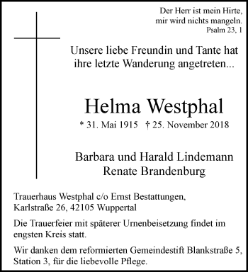 Traueranzeige von Helma Westphal von trauer.wuppertaler-rundschau.de