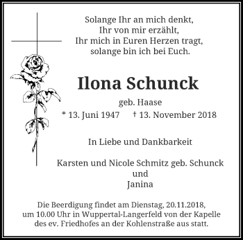 Traueranzeige von Ilona Schunck von trauer.wuppertaler-rundschau.de