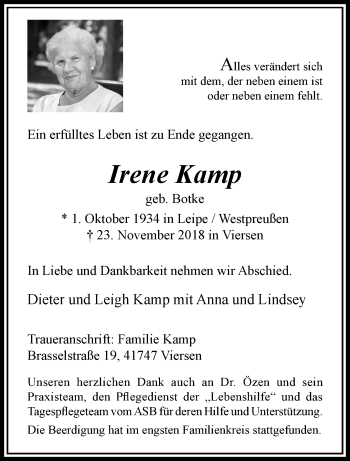 Traueranzeige von Irene Kamp von trauer.extra-tipp-moenchengladbach.de