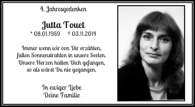 Traueranzeige für Jutta Touet vom 03.11.2018 aus trauer.wuppertaler-rundschau.de