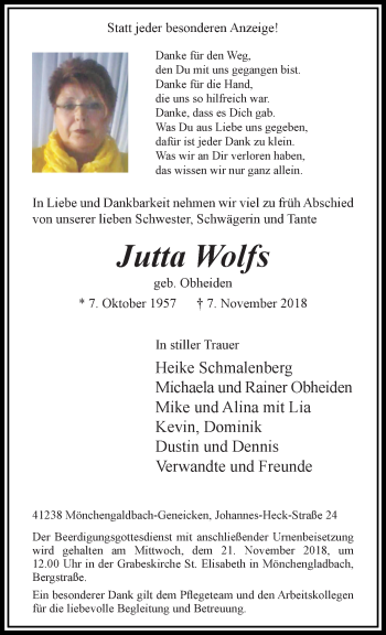 Traueranzeige von Jutta Wolfs von trauer.extra-tipp-moenchengladbach.de