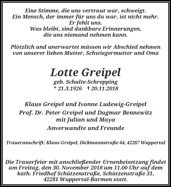 Traueranzeige von Lotte Greipel von trauer.wuppertaler-rundschau.de