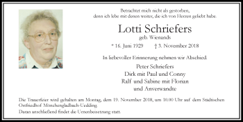 Traueranzeige von Lotti Schriefers von trauer.extra-tipp-moenchengladbach.de