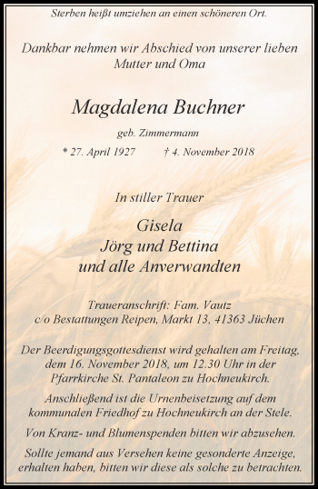 Traueranzeige von Magdalena Buchner von trauer.stadt-kurier.de