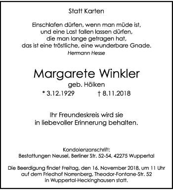 Traueranzeige von Margarete Winkler von trauer.wuppertaler-rundschau.de