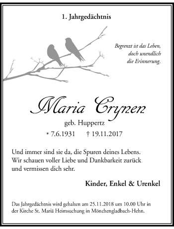 Traueranzeige von Maria Crynen von trauer.extra-tipp-moenchengladbach.de