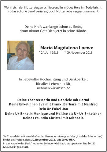 Traueranzeige von Maria Magdalena Loewe von trauer.wuppertaler-rundschau.de