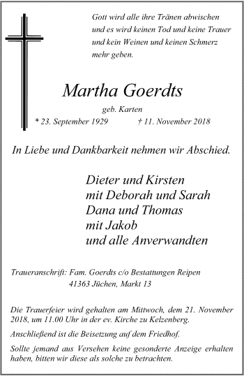 Traueranzeige von Martha Goerdts von trauer.stadt-kurier.de