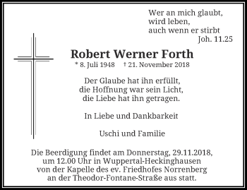 Traueranzeige von Robert Werner Forth von trauer.wuppertaler-rundschau.de