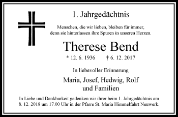 Traueranzeige von Therese Bend von trauer.extra-tipp-moenchengladbach.de