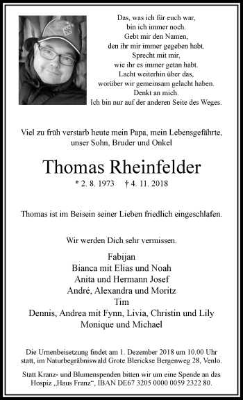 Traueranzeige von Thomas Rheinfelder von trauer.extra-tipp-moenchengladbach.de