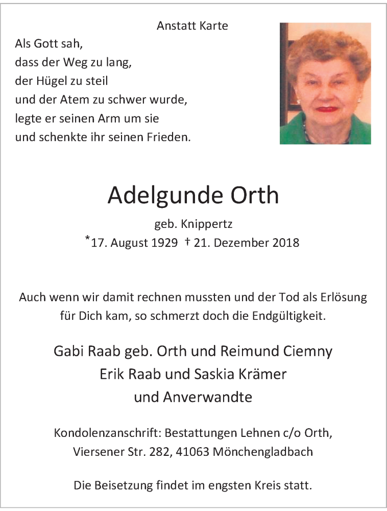  Traueranzeige für Adelgunde Orth vom 30.12.2018 aus trauer.extra-tipp-moenchengladbach.de