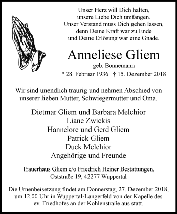 Traueranzeige von Anneliese Gliem von trauer.wuppertaler-rundschau.de