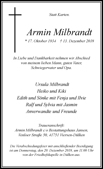 Traueranzeige von Armin Milbrandt von trauer.extra-tipp-moenchengladbach.de