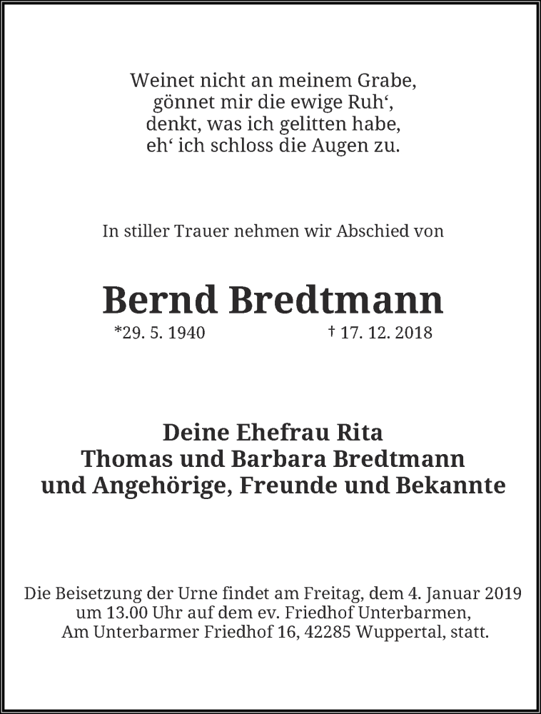 Traueranzeigen Von Bernd Bredtmann Trauer Und Gedenken