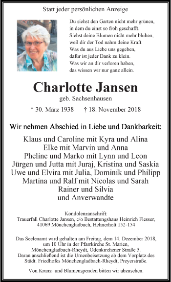 Traueranzeige von Charlotte Jansen von trauer.extra-tipp-moenchengladbach.de