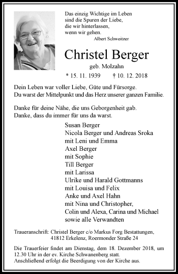 Traueranzeige von Christel Berger von trauer.extra-tipp-moenchengladbach.de