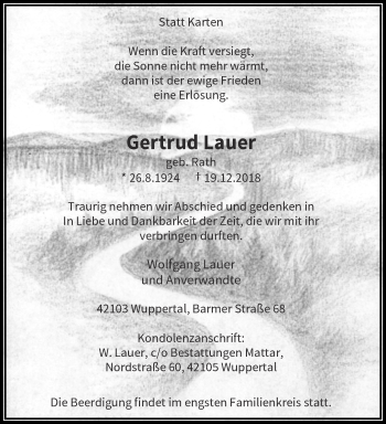 Traueranzeige von Gertrud Lauer von trauer.wuppertaler-rundschau.de