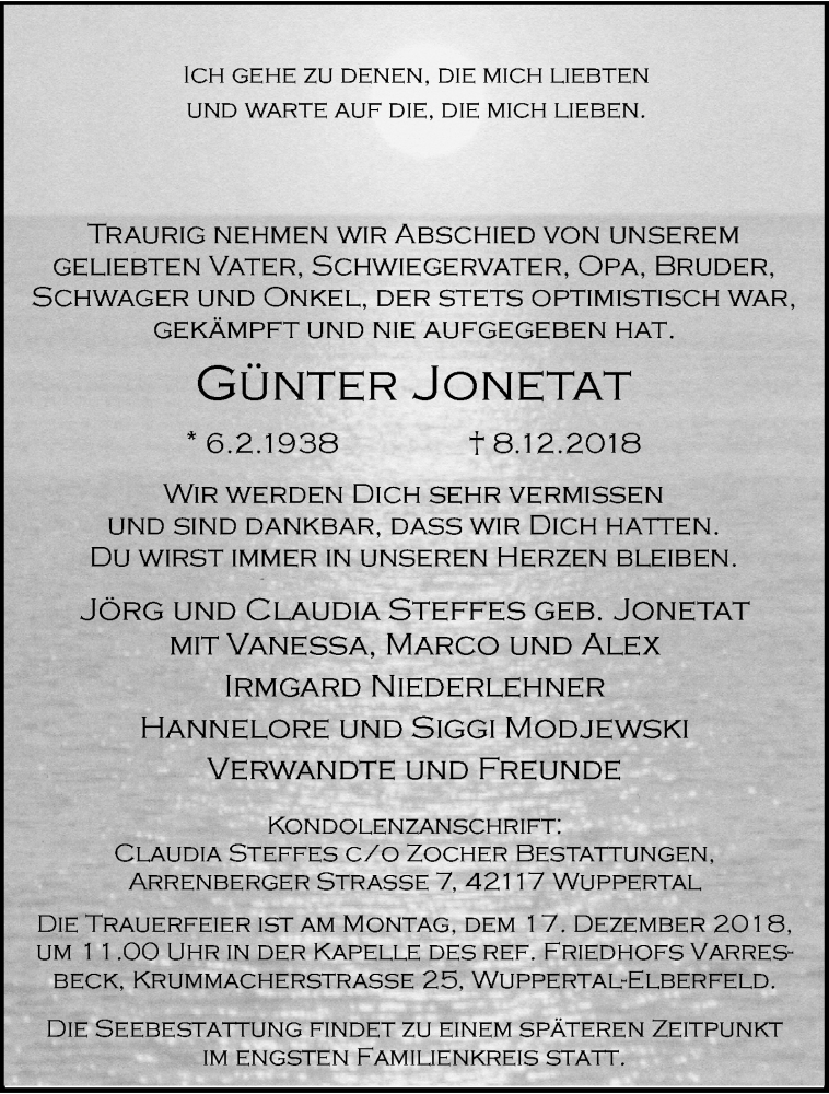  Traueranzeige für Günter Jonetat vom 15.12.2018 aus trauer.wuppertaler-rundschau.de