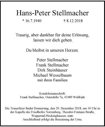 Traueranzeige von Hans-Peter Stellmacher von trauer.wuppertaler-rundschau.de