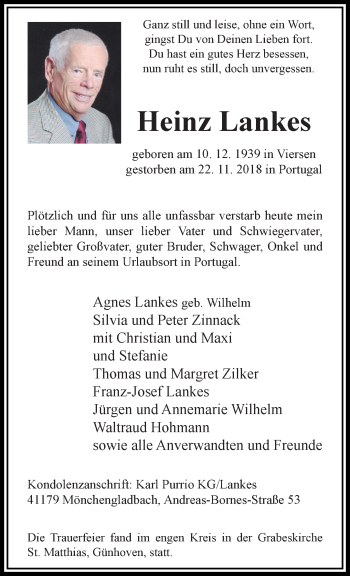 Traueranzeige von Heinz Lankes von trauer.extra-tipp-moenchengladbach.de