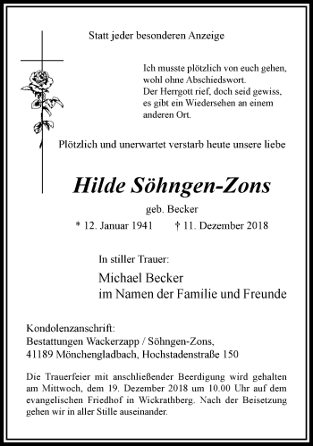 Traueranzeige von Hilde Söhngen-Zons von trauer.extra-tipp-moenchengladbach.de