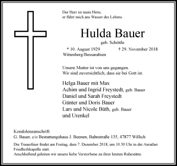 Traueranzeige von Hulda Bauer von trauer.extra-tipp-moenchengladbach.de