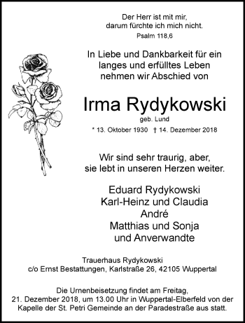 Traueranzeige von Irma Rydykowski von trauer.wuppertaler-rundschau.de