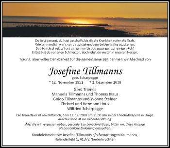 Traueranzeige von Josefine Tillmanns von trauer.extra-tipp-moenchengladbach.de