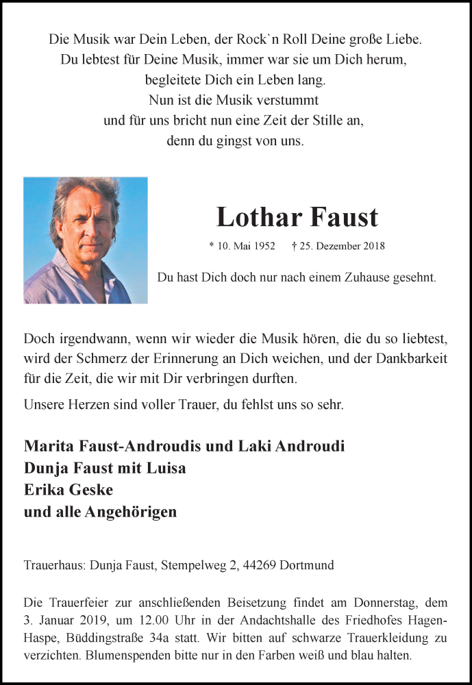  Traueranzeige für Lothar Faust vom 29.12.2018 aus trauer.wuppertaler-rundschau.de