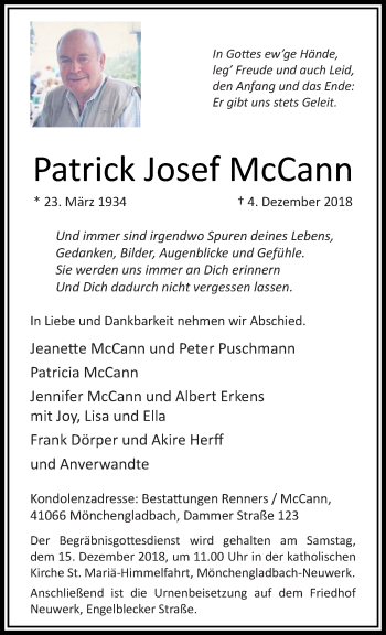 Traueranzeige von Patrick Josef McCann von trauer.extra-tipp-moenchengladbach.de