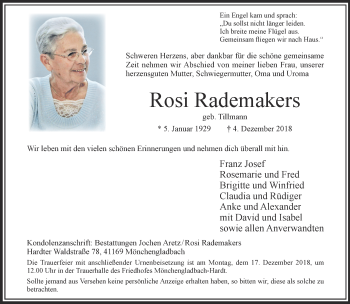 Traueranzeige von Rosi Rademakers von trauer.extra-tipp-moenchengladbach.de