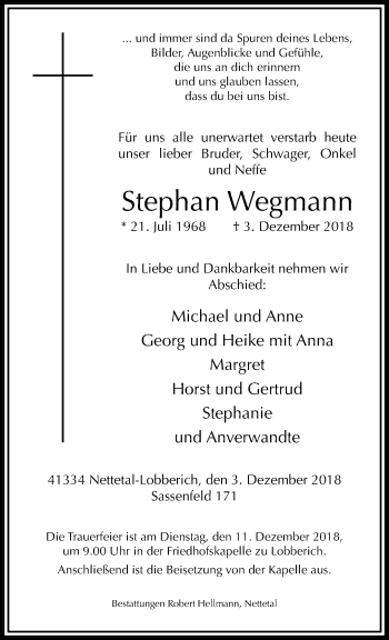 Traueranzeige von Stephan Wegmann von trauer.extra-tipp-moenchengladbach.de