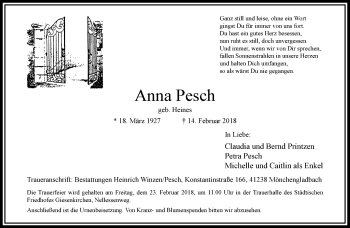 Traueranzeige von Anna Pesch von trauer.extra-tipp-moenchengladbach.de