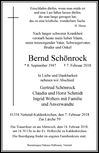 Traueranzeige von Bernd Schönrock von trauer.extra-tipp-moenchengladbach.de