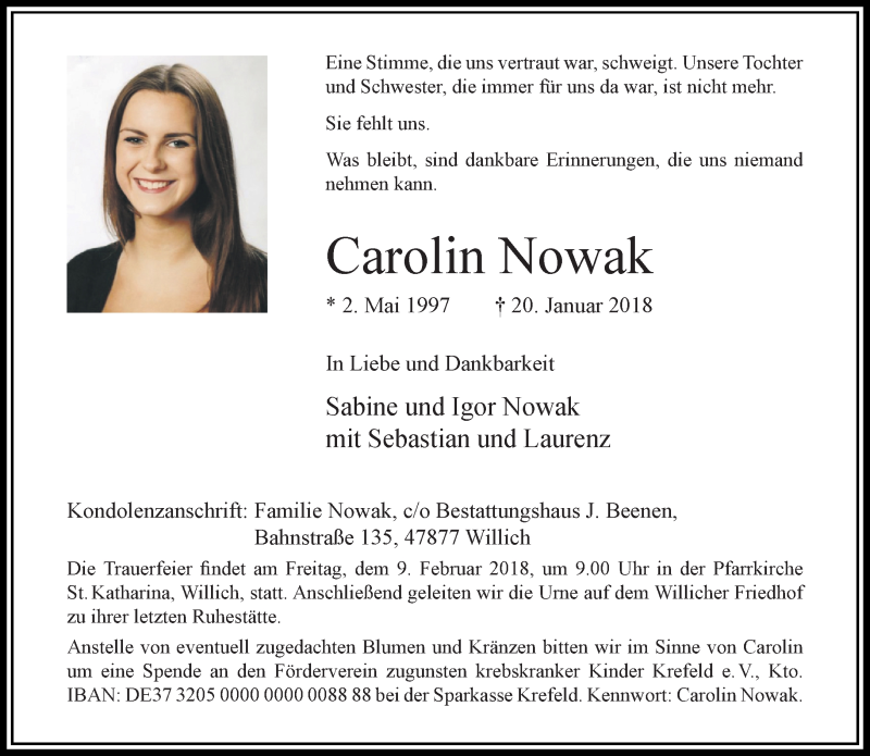  Traueranzeige für Carolin Nowak vom 07.02.2018 aus trauer.extra-tipp-moenchengladbach.de