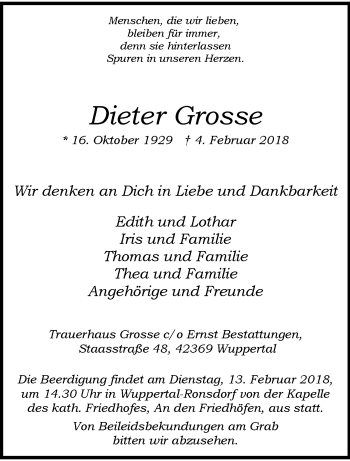 Traueranzeige von Dieter Grosse von trauer.wuppertaler-rundschau.de