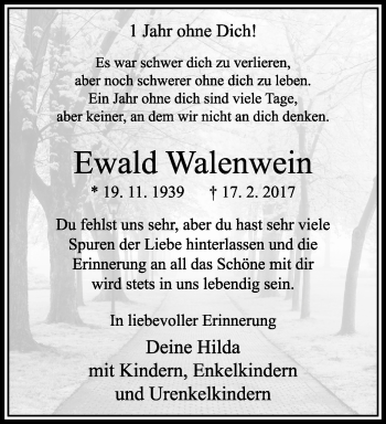 Traueranzeige von Ewald Walenwein von trauer.extra-tipp-moenchengladbach.de