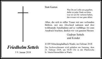 Traueranzeige von Friedhelm Settels von trauer.extra-tipp-moenchengladbach.de