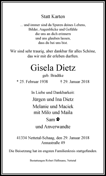 Traueranzeige von Gisela Dietz von trauer.extra-tipp-moenchengladbach.de