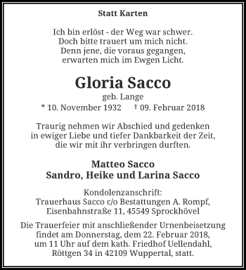 Traueranzeige von Gloria Sacco von trauer.wuppertaler-rundschau.de