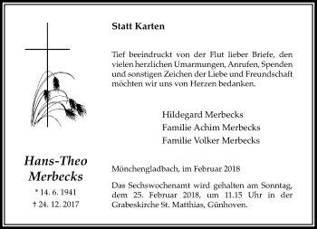 Traueranzeige von Hans-Theo Merbecks von trauer.extra-tipp-moenchengladbach.de