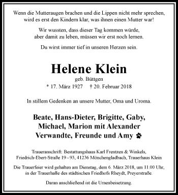 Traueranzeige von Helene Klein von trauer.extra-tipp-moenchengladbach.de