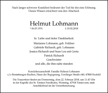 Traueranzeige von Helmut Lohmann von trauer.mein.krefeld.de