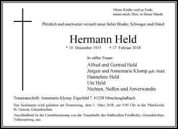 Traueranzeige von Hermann Held von trauer.extra-tipp-moenchengladbach.de
