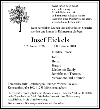 Traueranzeige von Josef Eickels von trauer.extra-tipp-moenchengladbach.de