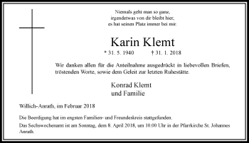 Traueranzeige von Karin Klemt von trauer.extra-tipp-moenchengladbach.de